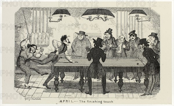 April, The Finishing Touch from George Cruikshank’s Steel Etchings to The Comic Almanacks: 1835-1853, 1840, printed c. 1880, George Cruikshank (English, 1792-1878), published by Pickering & Chatto (English, 19th century), England, Steel etching in black on cream India paper, laid down on off-white card (chine collé), 93 × 154 mm (primary support), 222 × 287 mm (secondary support)