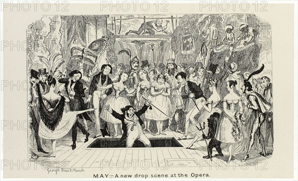 May, A New Drop Scene at the Opera from George Cruikshank’s Steel Etchings to The Comic Almanacks: 1835-1853, 1840, printed c. 1880, George Cruikshank (English, 1792-1878), published by Pickering & Chatto (English, 19th century), England, Steel etching in black on cream India paper, laid down on off-white card (chine collé), 93 × 154 mm (primary support), 220 × 285 mm (secondary support)