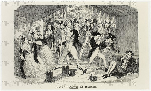 July, Down at Beulah from George Cruikshank’s Steel Etchings to The Comic Almanacks: 1835-1853, 1840, printed c. 1880, George Cruikshank (English, 1792-1878), published by Pickering & Chatto (English, 19th century), England, Steel etching in black on cream India paper, laid down on off-white card (chine collé), 93 × 155 mm (primary support), 221 × 283 mm (secondary support)