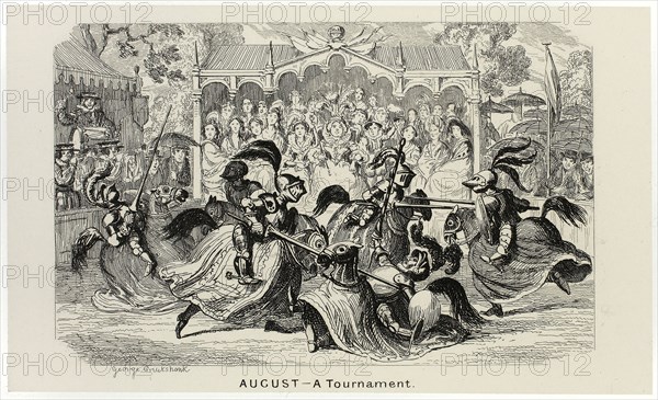 August, A Tournament from George Cruikshank’s Steel Etchings to The Comic Almanacks: 1835-1853, 1840, printed c. 1880, George Cruikshank (English, 1792-1878), published by Pickering & Chatto (English, 19th century), England, Steel etching in black on cream India paper, laid down on off-white card (chine collé), 93 × 155 mm (primary support), 222 × 286 mm (secondary support)