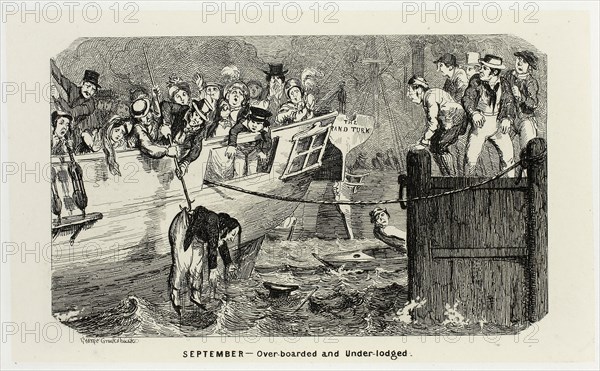 September, Over-Boarded and Under-Lodged from George Cruikshank’s Steel Etchings to The Comic Almanacks: 1835-1853, 1840, printed c. 1880, George Cruikshank (English, 1792-1878), published by Pickering & Chatto (English, 19th century), England, Steel etching in black on cream India paper, laid down on off-white card (chine collé), 94 × 155 mm (primary support), 222 × 284 mm (secondary support)