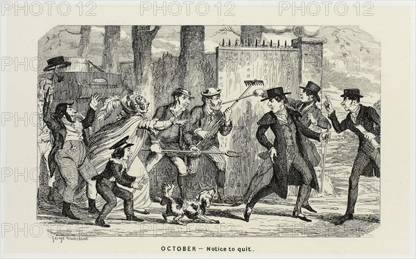 October, Notice to Quit from George Cruikshank’s Steel Etchings to The Comic Almanacks: 1835-1853, 1840, printed c. 1880, George Cruikshank (English, 1792-1878), published by Pickering & Chatto (English, 19th century), England, Steel etching in black on cream India paper, laid down on off-white card (chine collé), 94 × 153 mm (primary support), 222 × 286 mm (secondary support)