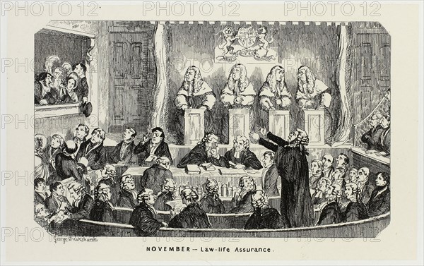 November, Law-Life Assurance from George Cruikshank’s Steel Etchings to The Comic Almanacks: 1835-1853, 1840, printed c. 1880, George Cruikshank (English, 1792-1878), published by Pickering & Chatto (English, 19th century), England, Steel etching in black on cream India paper, laid down on off-white card (chine collé), 95 × 153 mm (primary support), 222 × 288 mm (secondary support)