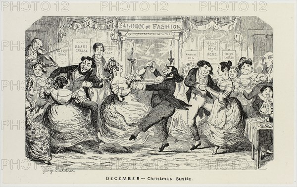 December, Christmas Bustle from George Cruikshank’s Steel Etchings to The Comic Almanacks: 1835-1853, 1840, printed c. 1880, George Cruikshank (English, 1792-1878), published by Pickering & Chatto (English, 19th century), England, Steel etching in black on cream India paper, laid down on off-white card (chine collé), 95 × 153 mm (primary support), 221 × 286 mm (secondary support)