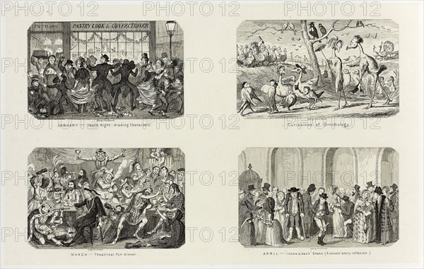 January, Twelfth Night Drawing Characters from George Cruikshank’s Steel Etchings to The Comic Almanacks: 1835-1853 (top left), 1841, printed c. 1880, George Cruikshank (English, 1792-1878), published by Pickering & Chatto (English, 19th century), England, Four steel etchings in black on cream India paper, laid down on off-white card (chine collé), 211 × 337 mm (primary support), 345 × 508 mm (secondary support)