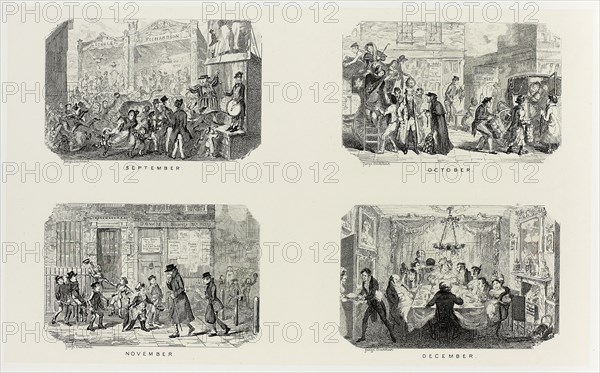 September from George Cruikshank’s Steel Etchings to The Comic Almanacks: 1835-1853 (top left), 1835, printed c. 1880, George Cruikshank (English, 1792-1878), published by Pickering & Chatto (English, 19th century), England, Four steel etchings in black on cream India paper, laid down on off-white card (chine collé), 203 × 332 mm (primary support), 345 × 504 mm (secondary support)