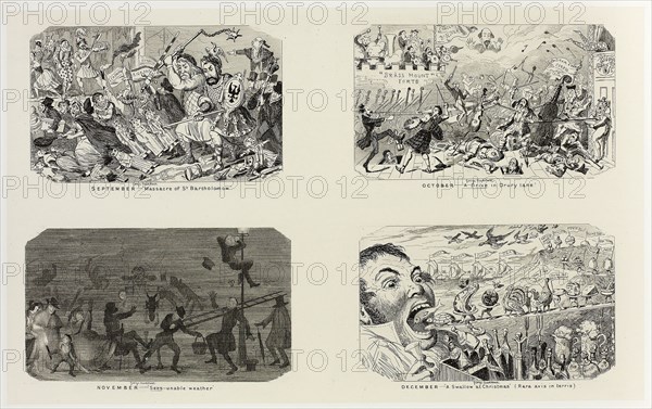 September, Massacre of St. Bartholomew from George Cruikshank’s Steel Etchings to The Comic Almanacks: 1835-1853 (top left), 1841, printed c. 1880, George Cruikshank (English, 1792-1878), published by Pickering & Chatto (English, 19th century), England, Four steel etchings in black on cream India paper, laid down on off-white card (chine collé), 206 × 332 mm (primary support), 346 × 507 mm (secondary support)
