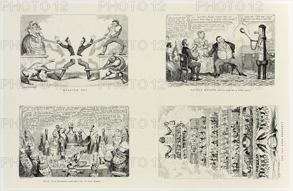 Quarter Day from George Cruikshank’s Steel Etchings to The Comic Almanacks: 1835-1853 (top left), 1844, printed c. 1880, George Cruikshank (English, 1792-1878), published by Pickering & Chatto (English, 19th century), England, Four steel etchings in black on cream India paper, laid down on off-white card (chine collé), 213 × 332 mm (primary support), 342 × 506 mm (secondary support)