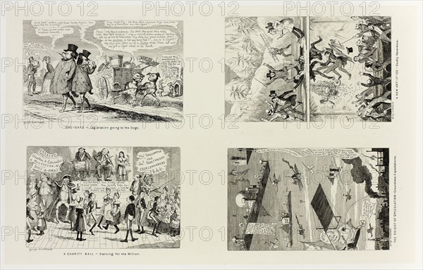 Dog Days, Legislation Going to the Dogs from George Cruikshank’s Steel Etchings to The Comic Almanacks: 1835-1853 (top left), 1844, printed c. 1880, George Cruikshank (English, 1792-1878), published by Pickering & Chatto (English, 19th century), England, Four steel etchings in black on cream India paper, laid down on off-white card (chine collé), 213 × 333 mm (primary support), 344 × 508 mm (secondary support)