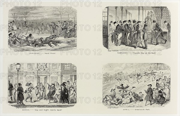 January – Hard Frost from George Cruikshank’s Steel Etchings to The Comic Almanacks: 1835-1853 (top left), 1836, printed c. 1880, George Cruikshank (English, 1792-1878), published by Pickering & Chatto (English, 19th century), England, Four steel etchings in black on cream India paper, laid down on off-white card (chine collé), 204 × 322 mm (primary support), 342 × 508 mm (secondary support)