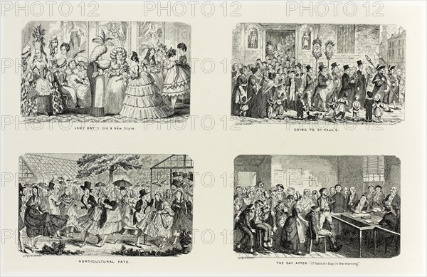 Lady Day, Old & New Style from George Cruikshank’s Steel Etchings to The Comic Almanacks: 1835-1853 (top left), 1845, printed c. 1880, George Cruikshank (English, 1792-1878), published by Pickering & Chatto (English, 19th century), England, Four steel etchings in black on cream India paper, laid down on off-white card (chine collé), 212 × 332 mm (primary support), 343 × 507 mm (secondary support)