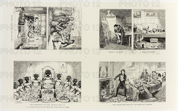 Where Can the Police Be? from George Cruikshank’s Steel Etchings to The Comic Almanacks: 1835-1853 (top left), 1847, printed c. 1880, George Cruikshank (English, 1792-1878), published by Pickering & Chatto (English, 19th century), England, Four steel etchings in black on cream India paper, laid down on off-white card (chine collé), 211 × 342 mm (primary support), 343 × 504 mm (secondary support)