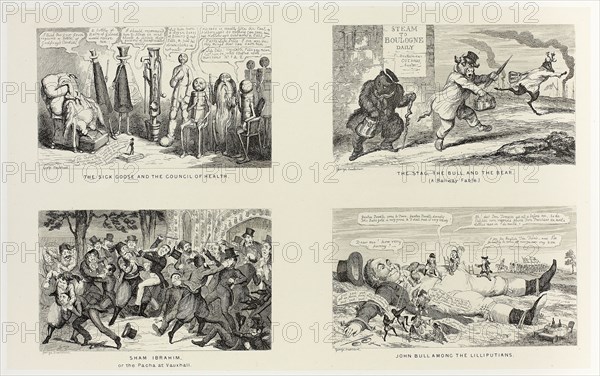 The Sick Goose and the Council of Health from George Cruikshank’s Steel Etchings to The Comic Almanacks: 1835-1853 (top left), 1847, printed c. 1880, George Cruikshank (English, 1792-1878), published by Pickering & Chatto (English, 19th century), England, Four steel etchings in black on cream India paper, laid down on off-white card (chine collé), 208 × 335 mm (primary support), 344 × 505 mm (secondary support)