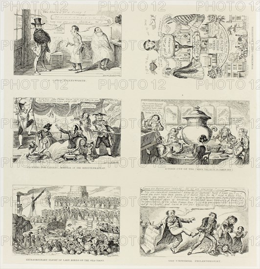 A Good Pennyworth from George Cruikshank’s Steel Etchings to The Comic Almanacks: 1835-1853 (top left), 1848, printed c. 1880, George Cruikshank (English, 1792-1878), published by Pickering & Chatto (English, 19th century), England, Six steel etchings in black on cream India paper, laid down on off-white card (chine collé), 282 × 275 mm (primary support), 340 × 423 mm (secondary support)