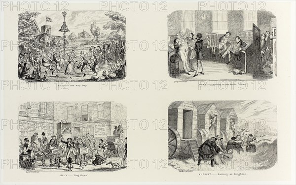 May – Old May Day from George Cruikshank’s Steel Etchings to The Comic Almanacks: 1835-1853 (top left), 1836, printed c. 1880, George Cruikshank (English, 1792-1878), published by Pickering & Chatto (English, 19th century), England, Four steel etchings in black on cream India paper, laid down on off-white card (chine collé), 207 × 334 mm (primary support), 343 × 506 mm (secondary support)