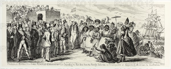 Probable Effects of Over Female Emigration, or Importing the Fair Sex from the Savage Islands in Consequence of Exporting All Our Own to Australia!!!!! from George Cruikshank’s Steel Etchings to The Comic Almanacks: 1835-1853, 1851, printed c. 1880, George Cruikshank (English, 1792-1878), published by Pickering & Chatto (English, 19th century), England, Steel etching in black on cream India paper, laid down on off-white card (chine collé), 162 × 412 mm (primary support), 251 × 502 mm (secondary support)