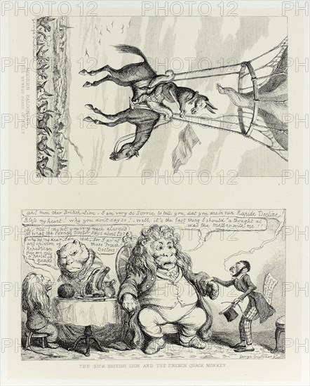 Modern Ballooning, or the Newest Phase of Folly from George Cruikshank’s Steel Etchings to The Comic Almanacks: 1835-1853 (top), 1851, printed c. 1880, George Cruikshank (English, 1792-1878), published by Pickering & Chatto (English, 19th century), England, Two steel etchings in black on cream India paper, laid down on off-white card (chine collé), 206 × 163 mm (primary support), 342 × 251 mm (secondary support)