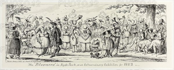 The Bloomers in Hyde Park, or an Extraordinary Exhibition for 1852 from George Cruikshank’s Steel Etchings to The Comic Almanacks: 1835-1853, 1852, printed c. 1880, George Cruikshank (English, 1792-1878), published by Pickering & Chatto (English, 19th century), England, Steel etching in black on cream India paper, laid down on off-white card (chine collé), 161 × 412 mm (primary support), 253 × 504 mm (secondary support)