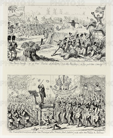 The Peace Society, or a New Field of Action for the Military, in The Good Time Coming from George Cruikshank’s Steel Etchings to The Comic Almanacks: 1835-1853 (top), 1852, printed c. 1880, George Cruikshank (English, 1792-1878), published by Pickering & Chatto (English, 19th century), England, Two steel etchings in black on cream India paper, laid down on off-white card (chine collé), 200 × 163 mm (primary support), 344 × 252 mm (secondary support)