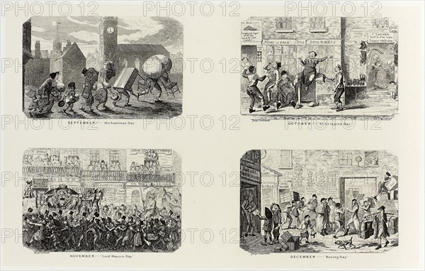 September – Michaelmas Day from George Cruikshank’s Steel Etchings to The Comic Almanacks: 1835-1853 (top left), 1836, printed c. 1880, George Cruikshank (English, 1792-1878), published by Pickering & Chatto (English, 19th century), England, Four steel etchings in black on cream India paper, laid down on off-white card (chine collé), 207 × 334 mm (primary support), 343 × 506 mm (secondary support)