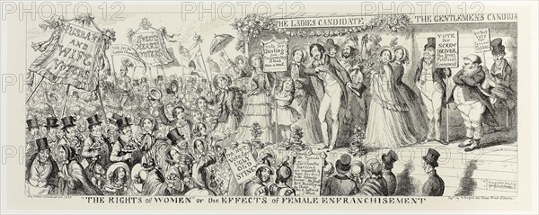 The Rights of Women or the Effects of Female Enfranchisement from George Cruikshank’s Steel Etchings to The Comic Almanacks: 1835-1853, 1853, printed c. 1880, George Cruikshank (English, 1792-1878), published by Pickering & Chatto (English, 19th century), England, Steel etching in black on cream India paper, laid down on off-white card (chine collé), 161 × 414 mm (primary support), 253 × 504 mm (secondary support)