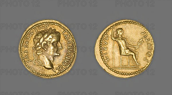 Aureus (Coin) Portraying Emperor Tiberius, AD 15/37, issued by Tiberius, Roman, minted in Lyon, Lyon, Gold, Diam. 2 cm, 7.81 g