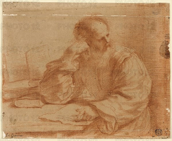 Bearded Man Seated at Table, 1650/59, Attributed to Guercino, Italian, 1591-1666, Italy, Red chalk on tan laid paper, laid down on ivory wove paper, 189 x 233 mm