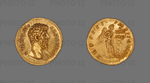 Aureus (Coin) Portraying Emperor Lucius Verus, December AD 163/December AD 164, issued by Marcus Aurelius and Lucius Verus, Roman, minted in Rome, Rome, Gold, Diam. 1.9 cm, 7.24 g