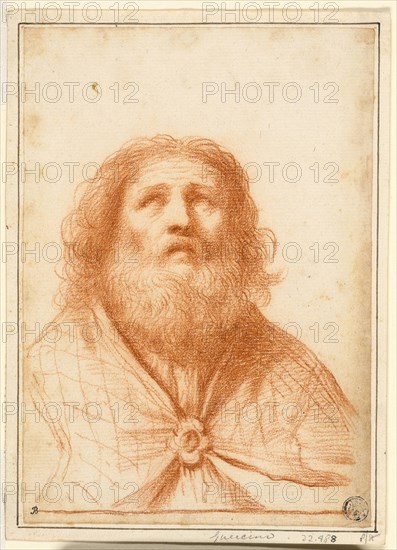 Bust of Saint or High Priest, c. 1645, Attributed to Guercino, Italian 1591-1666, Italy, Red chalk on ivory laid paper, laid down on ivory laid paper, 197 x 138 mm