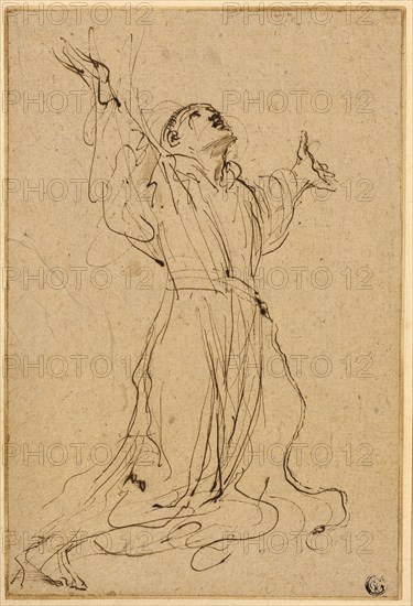 Study for Saint Francis Receiving the Stigmata, 1632/34, Guercino, Italian, 1591-1666, Italy, Pen and brown ink, with traces of brush and brown wash, on tan laid paper, laid down on cream laid paper, 274 x 184 mm