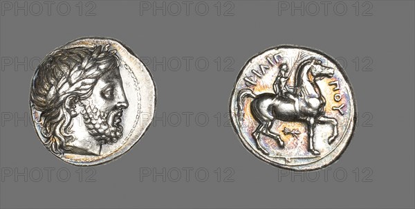 Tetradrachm (Coin) Depicting the God Zeus, Reign of Phillip II (359–336 BC), Greek, minted in Pella, ancient Macedon, Greece, Pella, Silver, Diam. 2.6 cm, 14.47 g
