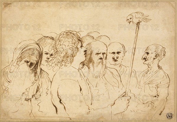 Group of Figures, with Owl on a Pole, n.d., Attributed to Guercino, Italian 1591-1666, Italy, Pen and brown ink on ivory laid paper, laid down on tan wove card, 184 x 269 mm