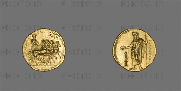 Stater (Coin) Depicting a Quadriga, about 322/308 BC, Greek, minted in Cyrene, North Africa, Cyrene, Gold, Diam. 2 cm, 8.69 g
