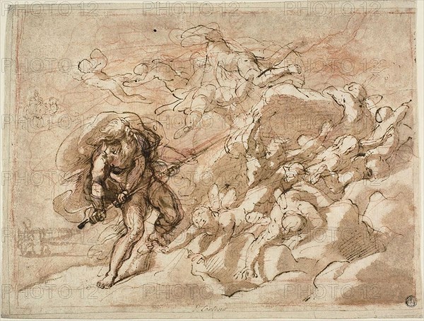 Juno Commanding Aeolus to Release the Winds, n.d., Unknown Artist, Italian, 17th century, Italy, Pen and brown ink, with brush and brown wash, over red chalk, on ivory laid paper, laid down on cream laid paper, 263 x 353 mm