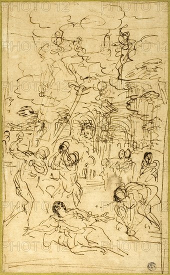 The Martyrdom of Saint Stephen, c. 1660, Pietro da Cortona, Italian, 1596-1669, Italy, Pen and brown ink, on tan laid paper, laid down on cream laid card, 310 x 190 mm