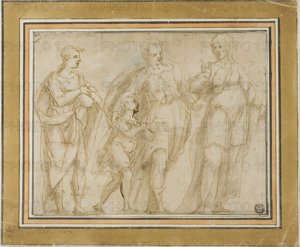 Departure of Tobit (?) (recto), Sketch of Crucifixion (verso), n.d. (recto), late 16th century (verso), Italian, Genoese, Late 16th century, Italy, Pen and brown ink with brush and brown wash (recto) and pen and brown ink (verso), on tan laid paper, 183 x 273 mm