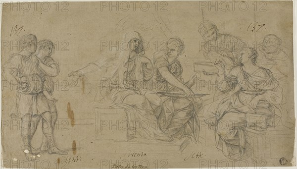 Cornelia Exhibiting Her Two Sons to a Friend, n.d., Livio Mehus, Flemish, c. 1630-1691, Flanders, Black chalk, heightened with white chalk, on brown laid paper, laid down on ivory laid paper, 218 × 383 mm