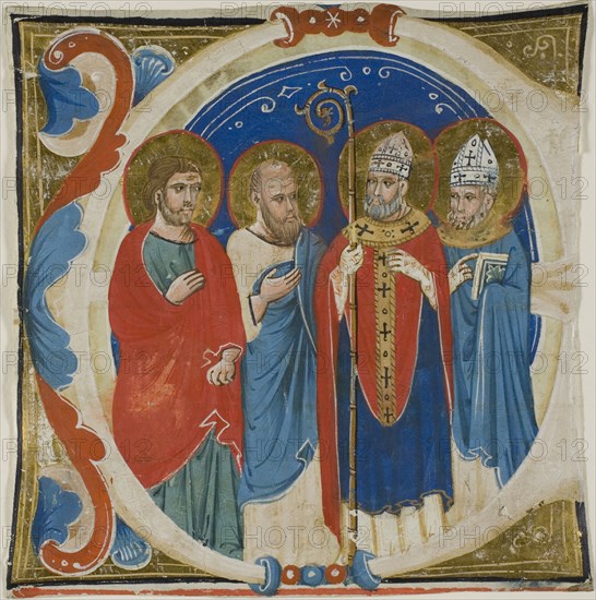 Two Saints and Two Bishops in a Historiated Initial E from a Choir Book, 1335/1400, Italian (Siena or Bologna), Italy, Manuscript cutting in tempera and gold leaf, with Latin inscriptions in brownish-black ink, ruled in red ink, verso, on vellum, 151 x 149 mm