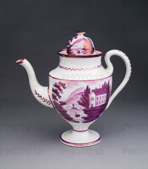 Coffee Pot, c. 1820, England, Staffordshire, Staffordshire, Lead-glazed earthenware with purple lustre decoration, H. 26.7 cm (10 1/2 in.)