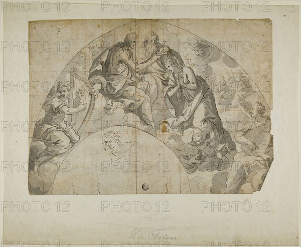 Spandrel Design for Coronation of Virgin, n.d., Unknown Artist (possibly German or Sienese, 16th century), or Pietro da Cortona (Italian, 1596-1669), or Ventura Salimbeni  (Italian, 1567/68-1613), Italy, Pen and black ink, with brush and gray wash, squared in red chalk, on ivory laid paper, laid down on ivory laid paper, 252 x 350 mm