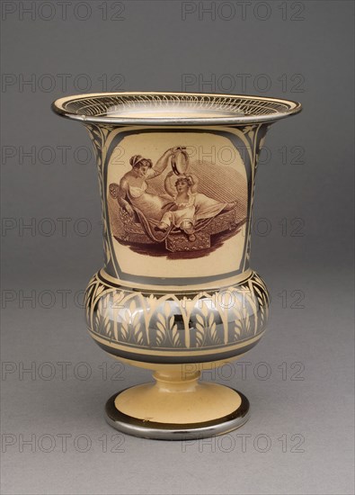 Vase (part of a Garniture of 5 Vases), c. 1820, England, Leeds, With Transfer Decoration after Adam Buck, Irish, 1759-1833, Leeds, Earthenware with silver lustre decoration, monochrome brown, and yellow ground, H. 14 cm (5 1/2 in.)