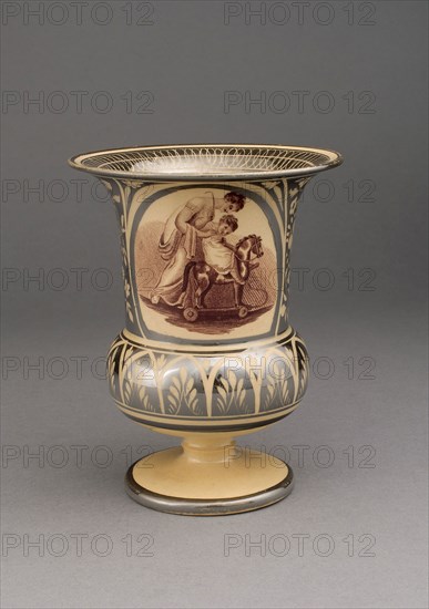 Vase, c. 1820, England, Leeds, With Transfer Decoration after Adam Buck, Irish, 1759-1833, Leeds, Earthenware with silver lustre decoration, monochrome brown, and yellow ground, H. 14 cm (5 1/2 in.)