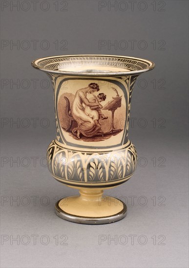 Vase, c. 1820, England, Leeds, With Transfer Decoration after Adam Buck, Irish, 1759-1833, Leeds, Earthenware with silver lustre decoration, monochrome brown, and yellow ground, H. 14 cm (5 1/2 in.)