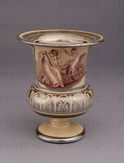 Vase, c. 1820, England, Leeds, With Transfer Decoration after Adam Buck, Irish, 1759-1833, Leeds, Earthenware with silver lustre decoration, monochrome brown, and yellow ground, H. 11.4 cm (4 1/2 in.)