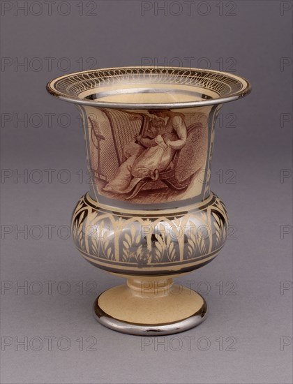Vase, c. 1820, England, Leeds, With Transfer Decoration after Adam Buck, Irish, 1759-1833, Leeds, Earthenware with silver lustre decoration, monochrome brown, and yellow ground, H. 11.4 cm (4 1/2 in.)