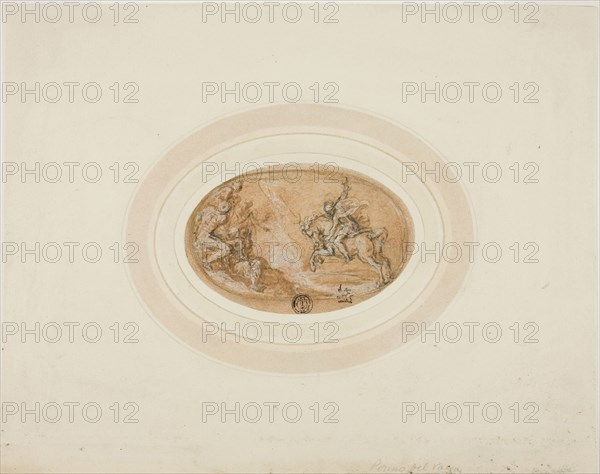 Marcus Curtius Leaping into the Abyss, 1555/63, Francesco de’Rossi, called Salviati, Italian, 1510-1563, Italy, Pen and brown ink with brush and brown wash, heightened with white gouache, with traces of black chalk, on oval-shaped tan laid paper, edge mounted on tan wove paper, laid down on ivory wove card, 64 x 107 mm (max.)