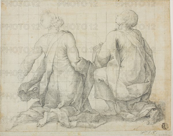 Two Kneeling Male Saints, n.d., Unknown Cremonese, Late 16th century, Italy, Graphite on ivory laid paper, squared in graphite, laid down on blue laid paper, 193 x 250 mm (max.)