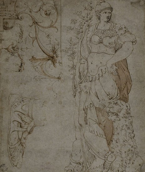 Three Sketches: Fortitude, a Sandal, and Grotesques (recto), Sketches of Grotesques, and Roman Cuirass (verso), 1560s, Italian, Mid-16th century, Italy, Pen and brown ink with brush and brown wash, on buff laid paper, 226 x 190 mm