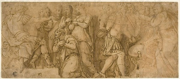Family of Darius before Alexander, Prisoners before a Senator, late 16th century, After Polidoro Caldara, called Polidoro da Caravaggio, Italian, c. 1499-c. 1543, Italy, Pen and brown ink, with brush and brown wash, over traces of black chalk, on buff laid paper, laid down on tan laid paper, 167 x 383 mm