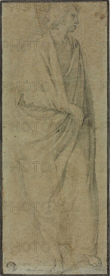 Standing Draped Male Figure, n.d., Florentine, Italian, late 16th century, Italy, Black chalk on blue (discolored) laid paper, laid down on cream wove card, 265 x 113 mm